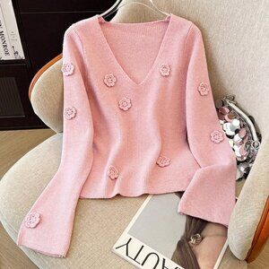 Pink Casual Women's French 3d Floral Knit Sweater